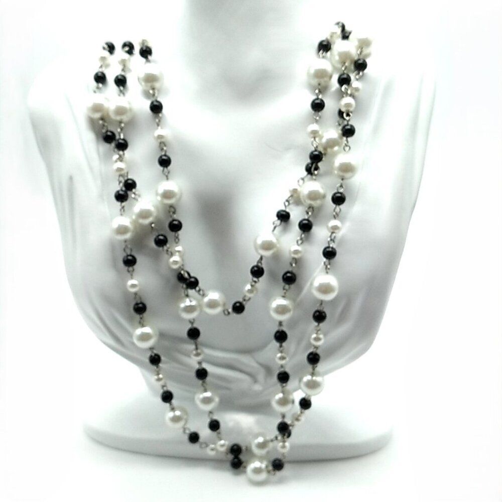 Vintage Three Strand Simulated Pearl Black and White Glass Bead Chain Necklace